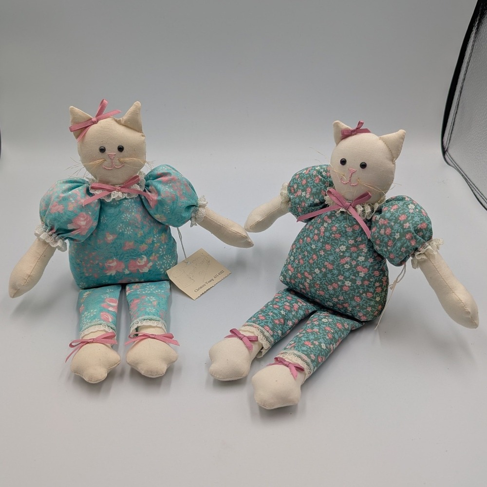 Christina Young Plush Cat Dolls Blue Floral Cotton Lace Trim (2) Cottagecore